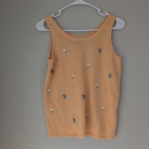 Cherokee Tops - Floral Knit Tank S Yellow Flower Embroidery Stretch Cottagecore Whimsy Twee Boho